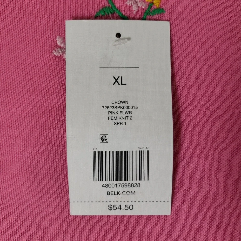 NWT Crown & Ivy Pink Floral Embroidered Short Sleeve Knit Top Sz XL - Picture 9 of 9